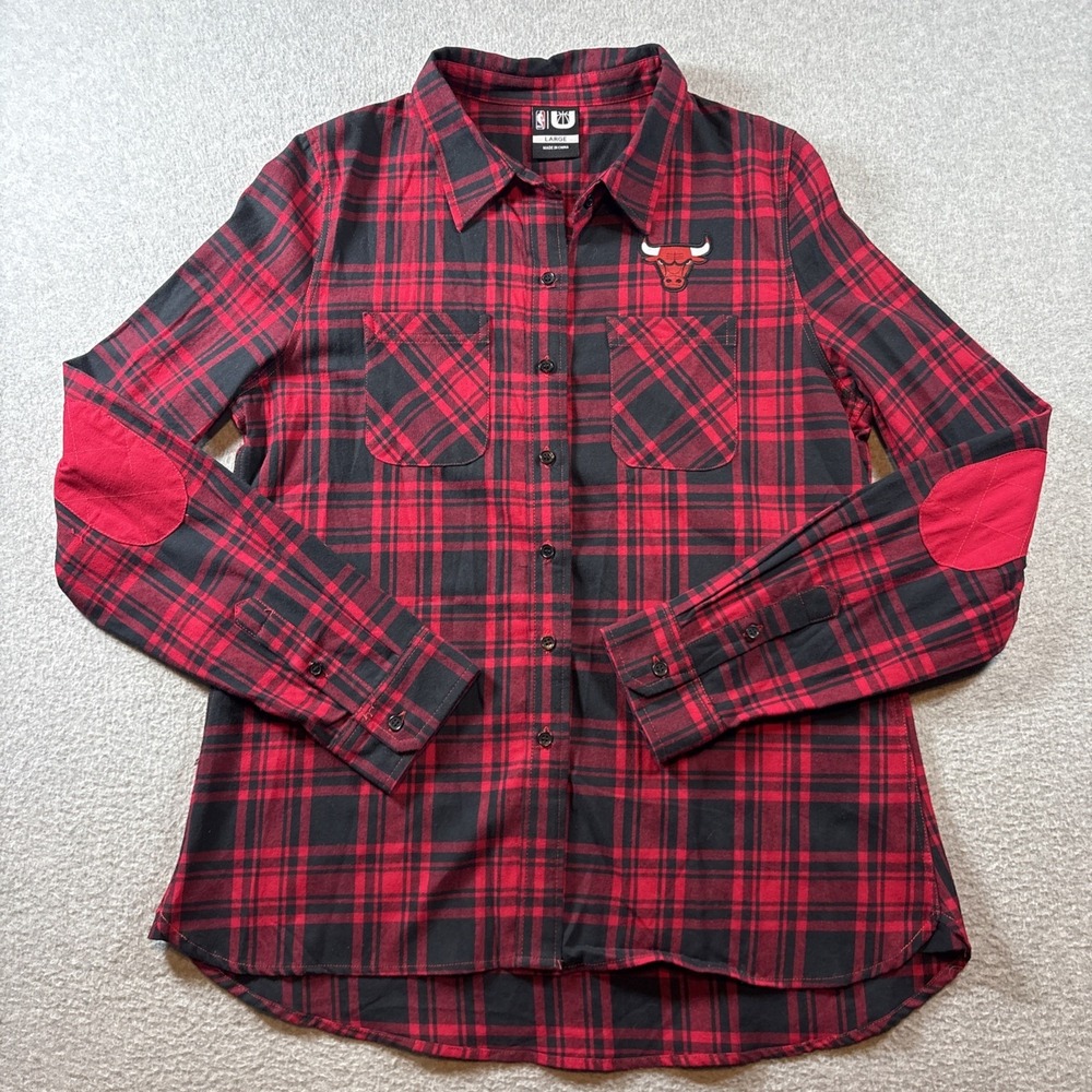 Chicago Bulls Plaid Button Up Womens Size Large NBA Flannel 100% Cotton